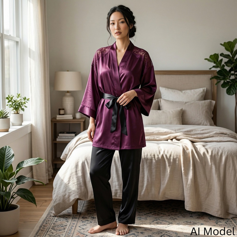 Victoria's Secret‎ Robe Women XS/S Purple Satin Lace Shoulder Kimono 342774-4DA